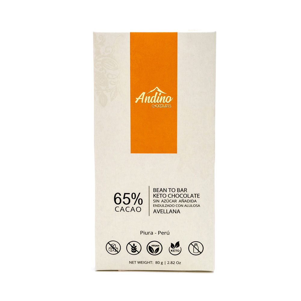 Barra de chocolate keto andino 65% con avellanas alulosa sin azúcar 80g.