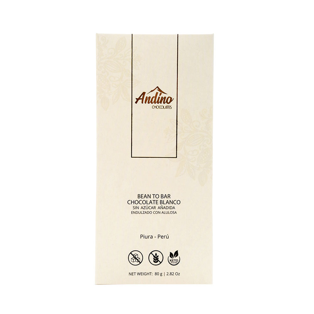 Barra de chocolate keto andino blanco 33% sin azúcar alulosa 80g.