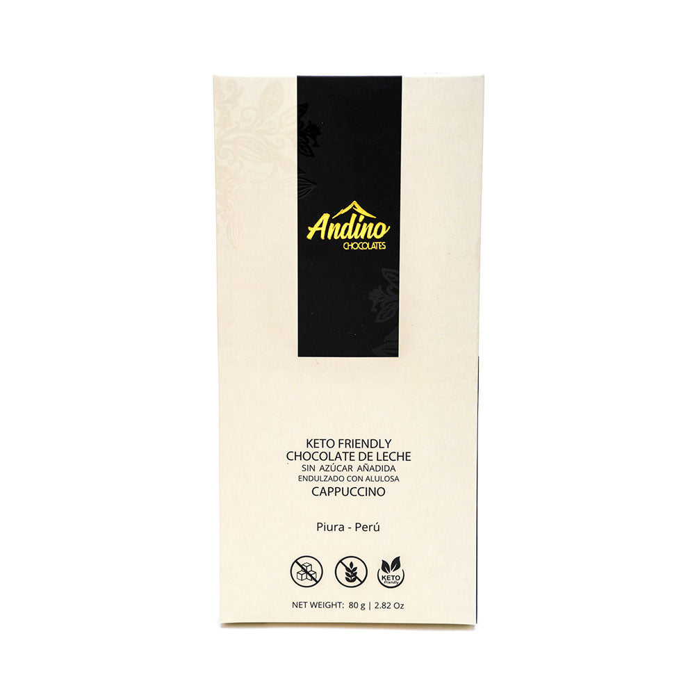 Barra de chocolate keto andino leche capucchino 40% sin azúcar alulosa 80g.