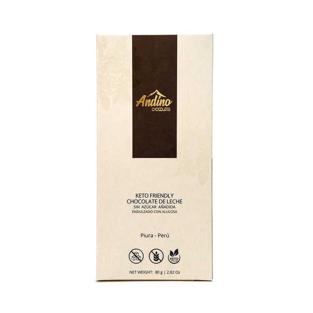 Barra de chocolate keto andino leche 40% sin azúcar alulosa 80g.