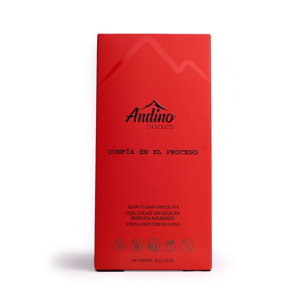 Barra de chocolate keto andino 75% con merken ahumado y sal de mar sin azúcar alulosa 50g.