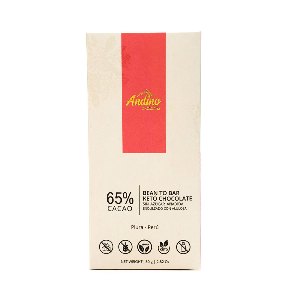Barra de chocolate keto andino 65% sin azúcar alulosa 80g.